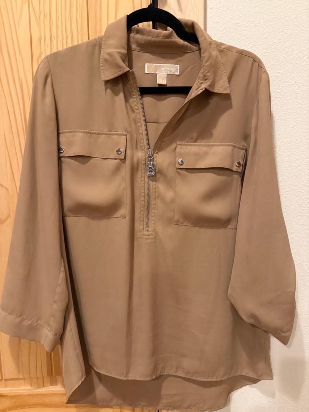 Michael Kors Taupe Pullover Zip Front Utility Blouse
